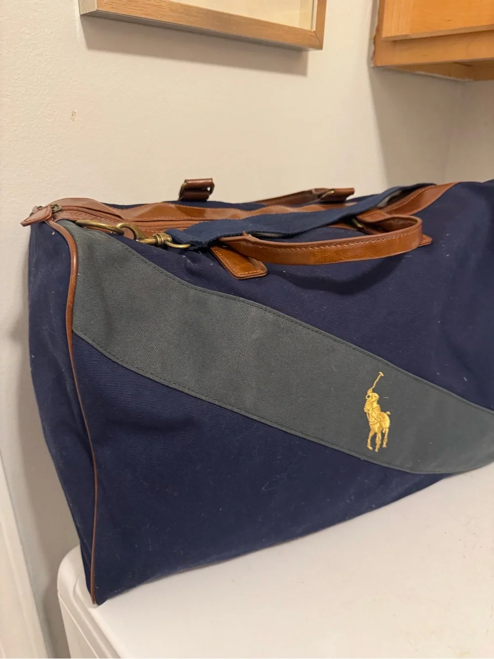 VTG Ralph Lauren Navy Canvas Duffel with Brown Leather Trim and Yellow Logo